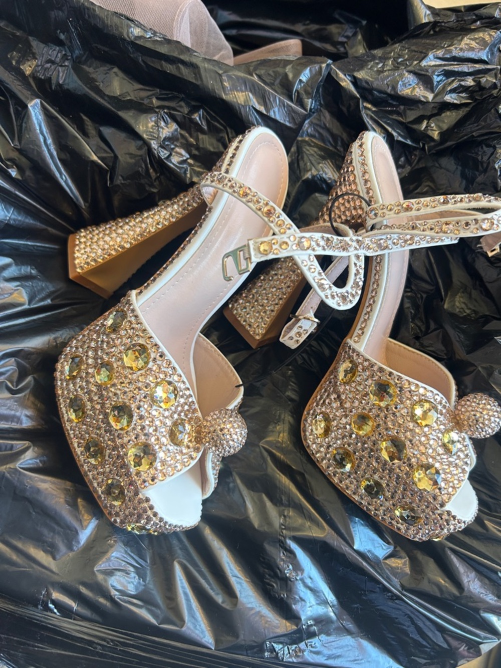 Embellished Gold Crystal Block-Heel Sandals